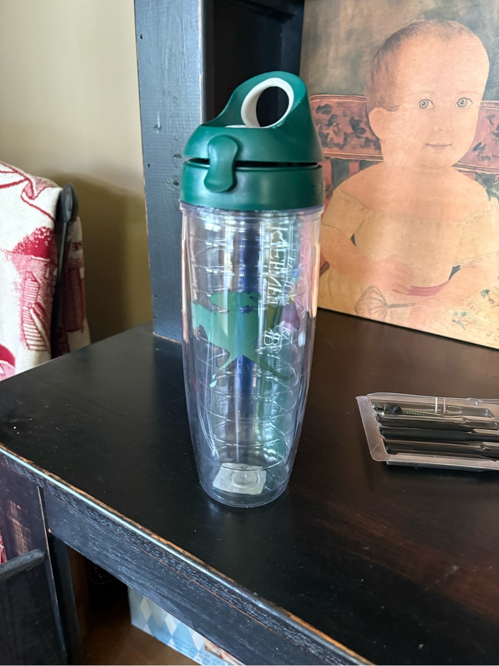 tervis Clear Travel Tumbler with Dark Green Lid and Green horse. From